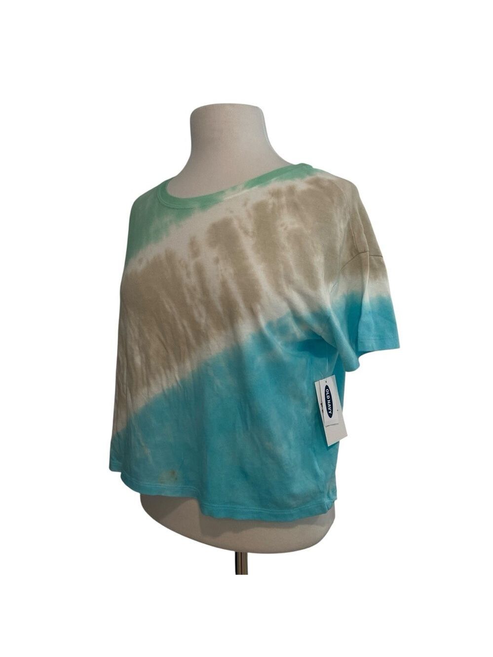 NWT Boxy crop tee shirt sleeves round neck cotton & modal medium tie dye blue